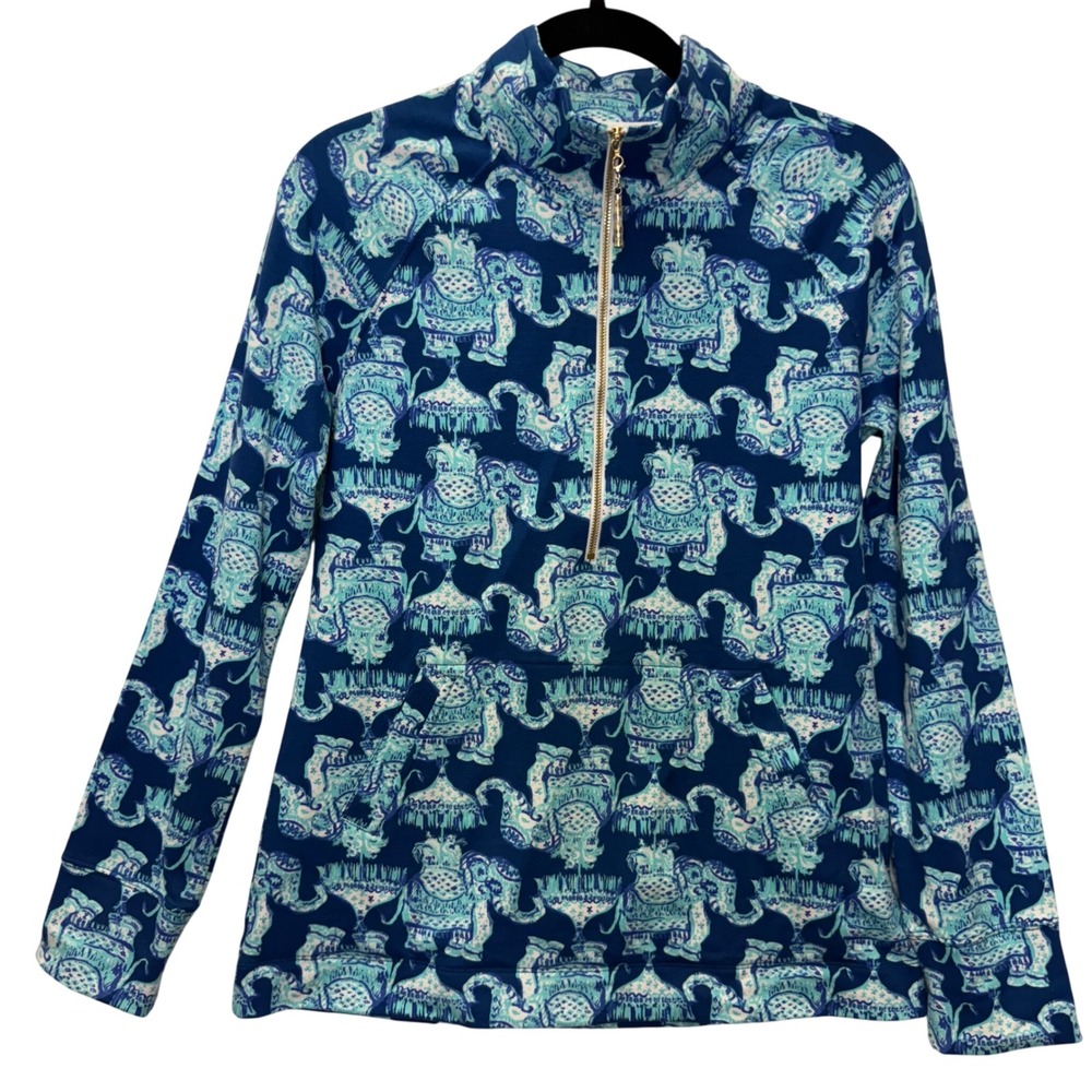 Lilly Pulitzer Women's Blue Elephant Print Quarter Zip Pullover Top Small